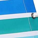 silver-white anodized aluminum tube with white, green, blue, and cyan horizontal stripes.