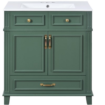 Vynxaria 30 inch Emerald Green Retro Single Sink Freestanding Bath Vanity with White Ceramic Top One Whisper Quiet Drawer Two Soft Close Doors
