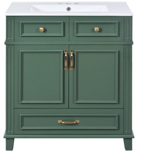 Vynxaria 30 inch Emerald Green Retro Single Sink Freestanding Bath Vanity with White Ceramic Top One Whisper Quiet Drawer Two Soft Close Doors - 1 of 4