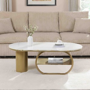 Sapphtopaz Luxury Industrial Oval Coffee Table with ith Storage Shelf & Drawer, Modern Coffee Table for Living Room – Sturdy Metal Frame Center Table - 1 of 4