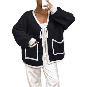 Women's Plus Size Cardigan Sweater Long Sleeve Knit Open Front Cover Up Casual Tops with Side Pockets - 1 of 4
