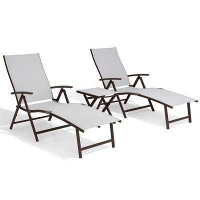 Crestlive Products 3 pc Outdoor Aluminum Adjustable Folding Chaise Lounge Chairs and Foldable Side Table Set