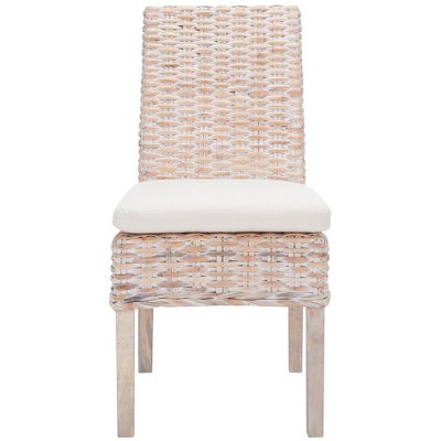 White Upholstered Rattan Side Chair with Natural Wood Legs