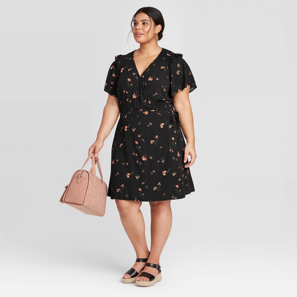 Women's Plus Size Floral Print Short Sleeve Ruffle Wrap Dress - Universal Thread Black 1X, Green Pink Blue was $24.99 now $17.49 (30.0% off)