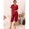 cheibear Women's Soft Satin Button Down with Capri Pants Lounge Pajama Set - 2 of 4