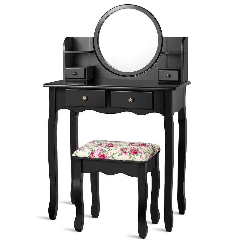 Tangkula Vanity Table Set w/Detachable Mirror & Stool Black/White, 1 of 11