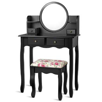 Tangkula Vanity Table Set w/Detachable Mirror & Stool Black/White