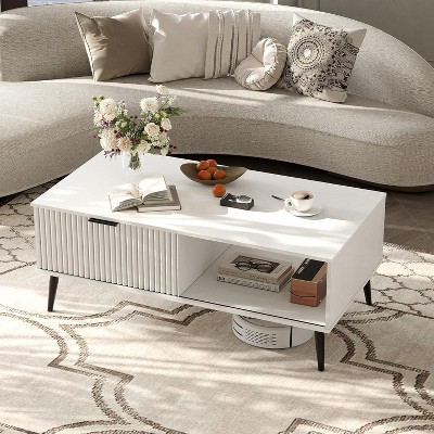 coucheta Coffee Table with Storage and Sliding Door, 2-Tier Large Rectangle Modern Cocktail Table with Solid Wood Legs, for Living Room, Office