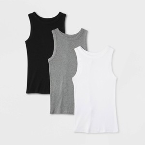 Women's Slim Fit Ribbed 3pk Bundle Tank Top - A New Day™ Black/White/Gray S - 1 of 3