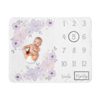 Sweet Jojo Designs Girl Milestone Swaddle Baby Blanket Watercolor Floral Purple Grey and Pink