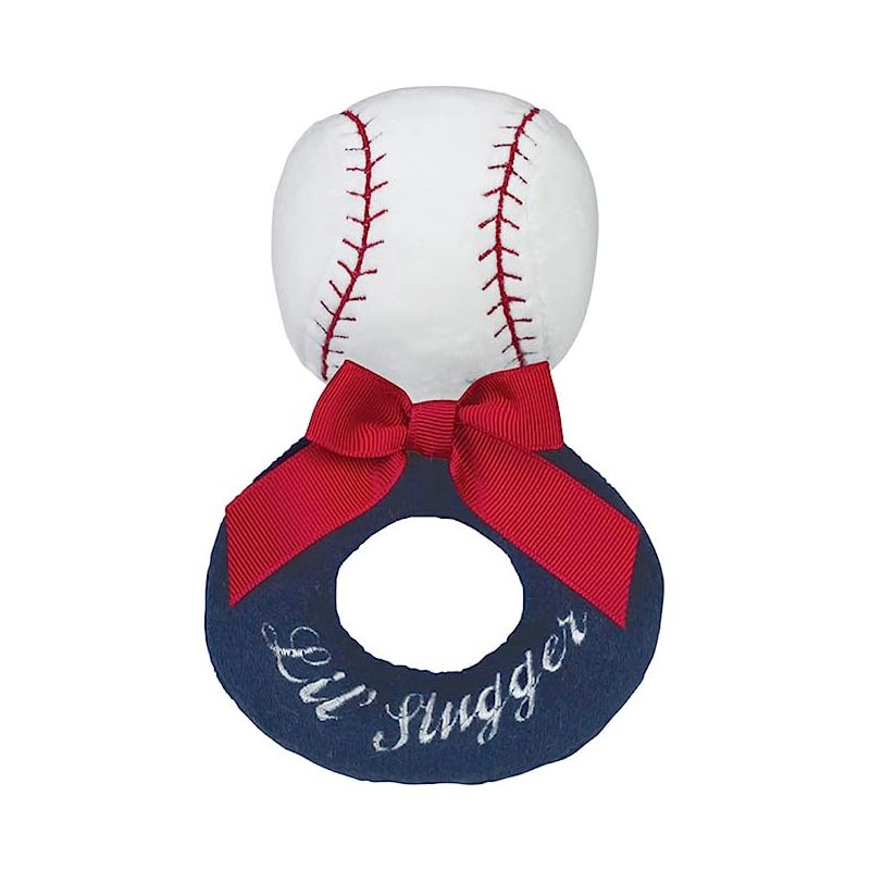 Bearington Baby Collection Lil Slugger Rattle: 5.5 Plush Baseball Rattle and Ring Shaker Toy, 1 of 7