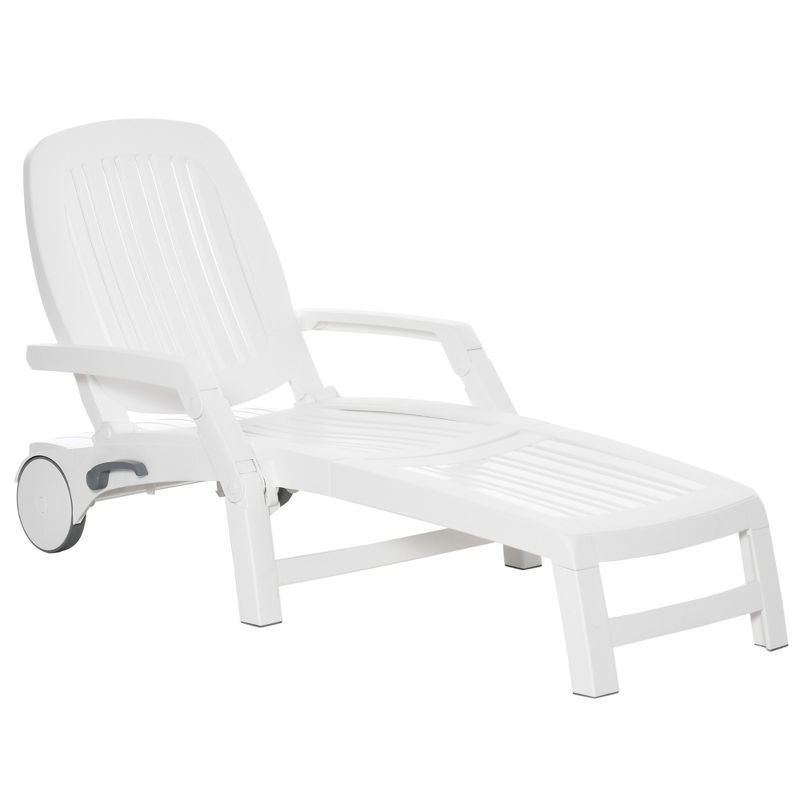 Outsunny Outdoor Chaise Lounge Chair on Wheels with Storage Box, Waterproof with Quick Assembly, Folding, 5 Level Adjustable Backrest for Pool, White, 1 of 7