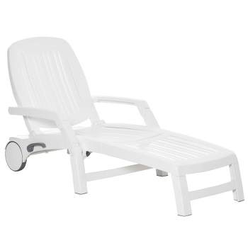 Outsunny Outdoor Chaise Lounge Chair on Wheels with Storage Box, Waterproof with Quick Assembly, Folding, 5 Level Adjustable Backrest for Pool, White