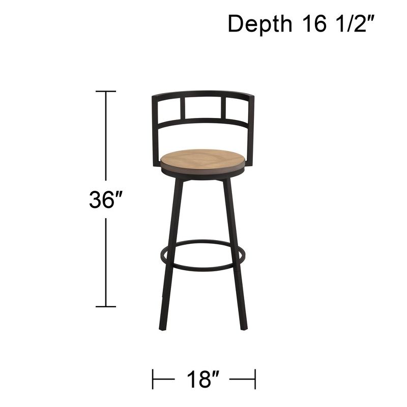 Elm Lane Latham Matte Black Swivel Bar Stool 25 1/4" High Industrial Roark Gray Wood Seat with Backrest Footrest for Kitchen Counter Height Island, 4 of 10