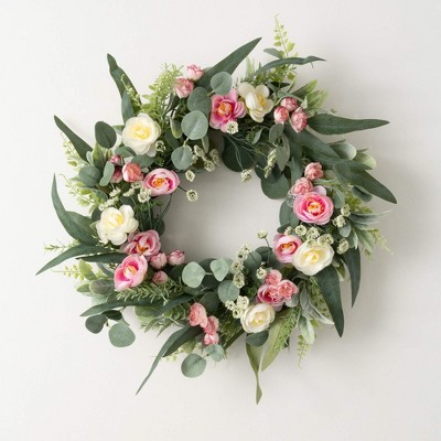 Sullivans Artificial Ranunculus Mini Blossom Wreath 24"H; Pink
