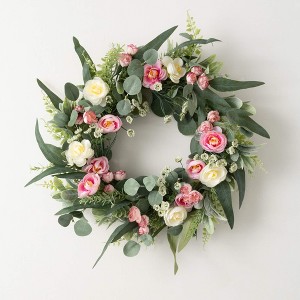 Sullivans Artificial Ranunculus Mini Blossom Wreath 24"H; Pink - 1 of 3