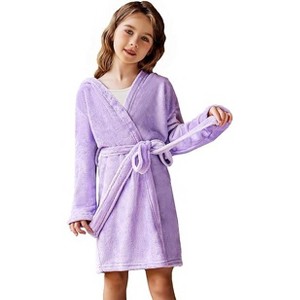 Arshiner Boys Girls Flannel Bathrobes Soft Fuzzy Hooded Robe Sleepwear with Belt for Kids Lilac 6-7 Years - 1 of 4