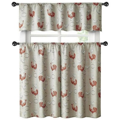 Kate Aurora Living Country Farmhouse Red Rooster Barn 3 Piece Kitchen Curtain Tier & Valance Set - 56 in. W x 15 in. L