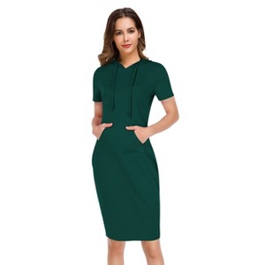 BLUEMING Womens Hoodie Dresses Short Sleeve Pockets Knee Length Bodycon Dresses Casual Midi Dresses - 1 of 4
