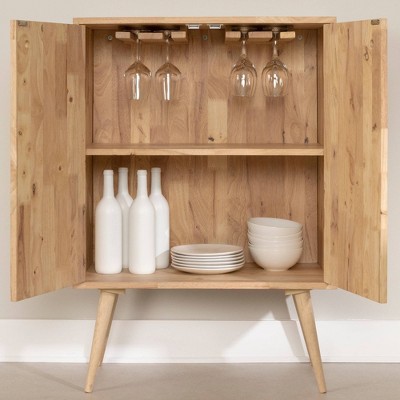 Scandinavian Natural Wood Buffet with Wine Glass & Bottle Storage