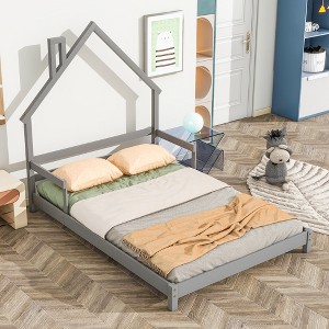 Montessori Floor Bed, House Shaped Bedframe with Headboard and handrails - 1 of 4