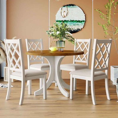 5 PCS Mid-Century Style Dining Set, Solid Wood Round Table with Pedestal Base, Slat-Back Rubberwood Frame Chairs with Cushions-Coolbibila