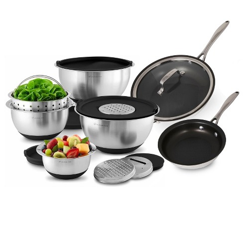  Wolfgang Puck 12-Piece Stainless Steel Mixing Bowl Set,  Silicone Grip Bottom, Multifunction Lid with 3 Interchangeable Blades, Oven  Safe, Easy-Store Nesting Design, Colander, 4 Bowls with Lids: Home & Kitchen