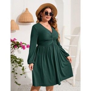 Coolmee Women's Plus Size Dress V Neck Long Sleeve Front Knotted Elastic Elegant Dress A Line Knee Length Midi Dress - 1 of 4