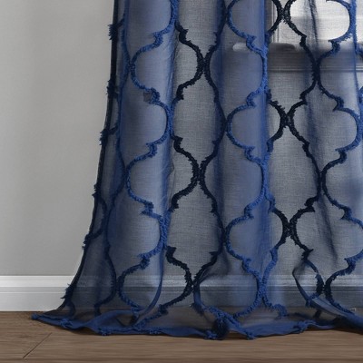 Navy Trellis Pattern Sheer Grommet Drapes, 84" x 38"