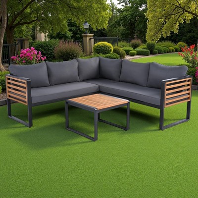 4-Pieces Outdoor Iron L-Shaped Sectional Sofa Set with Coffee Table and Soft Cushion