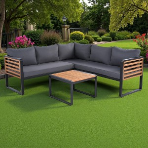 4-Pieces Outdoor Iron L-Shaped Sectional Sofa Set with Coffee Table and Soft Cushion - 1 of 4