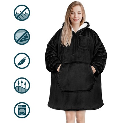 Black Oversized Sherpa Fleece Hooded Wearable Blanket
