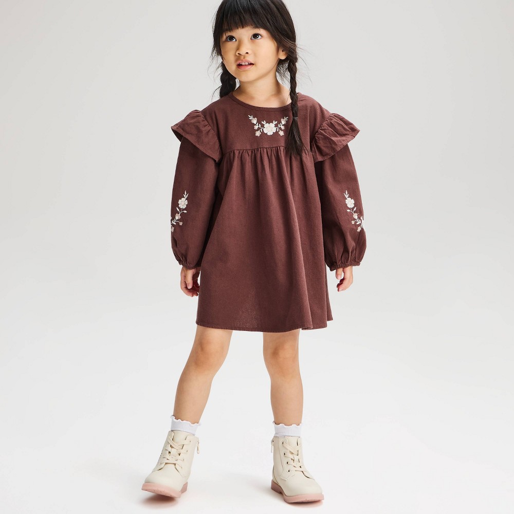 Toddler Girls' Floral Embroidered Long Sleeve Dress - Cat & Jack™ Brown 12M