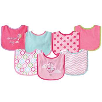 Luvable Friends Baby Girl Cotton Terry Drooler Bibs with PEVA Back 7pk, Pink Balloon, One Size