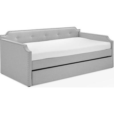 Bella Beige Upholstered Twin Daybed with Trundle and Nailhead Trim