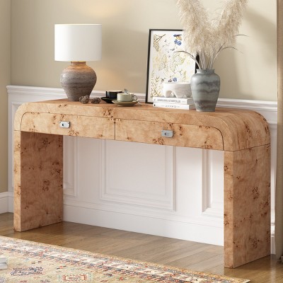 60" Burl Wood Veneer Console Table With 2 Drawers,Rectangular Minimalist Entryway Table for Living Room Hallway,Modern Sofa Table-Coolbibila