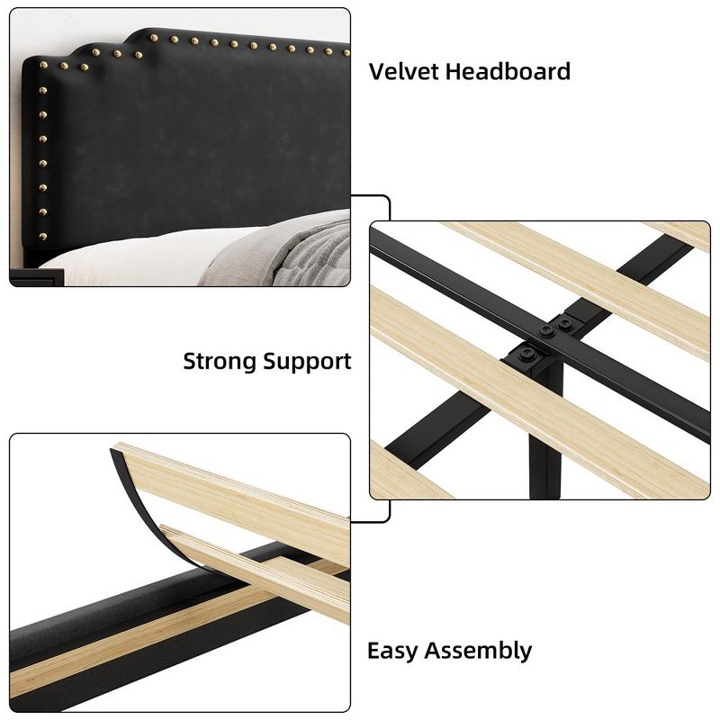 Velvet Upholstered Platform Bed Frame with Rivet Decor Headboard, 5 of 8