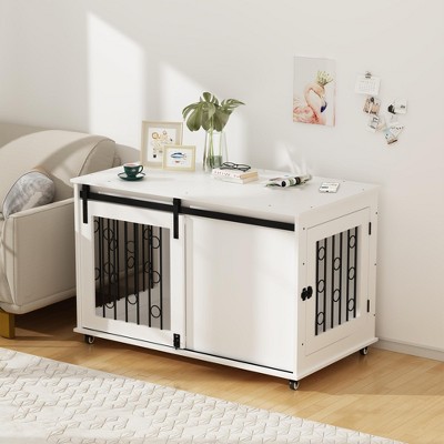 Racxily Modern Wooden Dog Crate Furniture - White Indoor Kennel with Lockable Wheels, Dual Doors, Stylish End Table for Small-Medium Dogs
