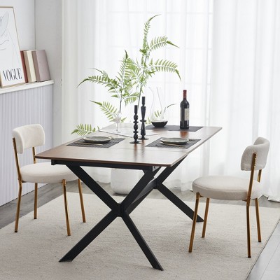 23.62"Set of 2 Mid-Century Modern Dining Chairs - Teddy Fabric Upholstered - Curved Back - Metal Frame,Beige+Golden