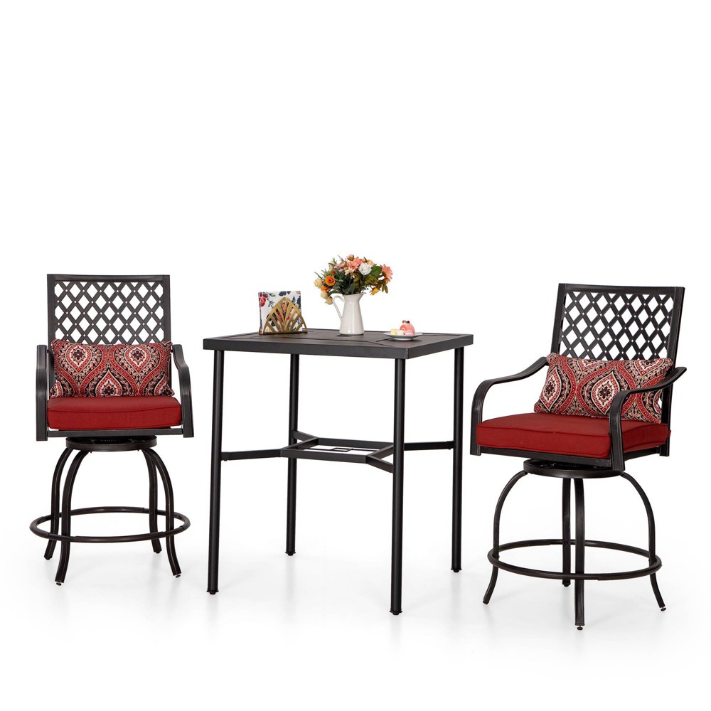 3pc Outdoor Bar Set with Swivel Stools & Square Metal Table with Umbrella Hole - Captiva Designs: Patio Furniture Set with Cushions