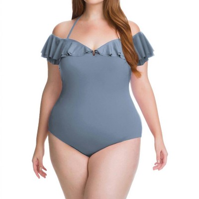 Women's Flounce Off the Shoulder Ruffle One Piece Swimsuit - Plus - BECCA