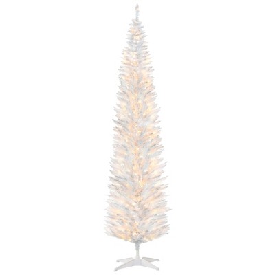 8ft Pencil Christmas Tree, Slim Artificial Christmas Tree with Realistic Branches and Warm White LED Lights