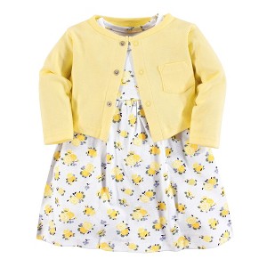 Luvable Friends Baby and Toddler Girl Dress and Cardigan 2pc Set, Yellow Floral, 9-12 Months - 1 of 2