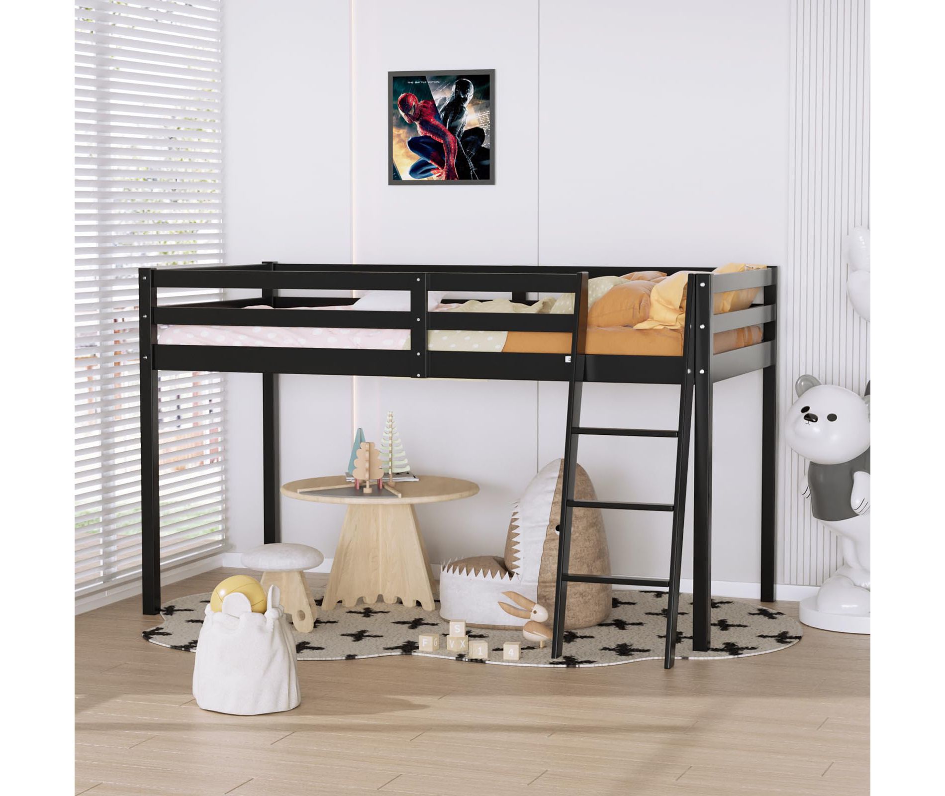 VINGLI Junior Low Loft Bed with Stairs, 47 Inches High Full Bed for Adults & Kids & Teens, No Box Spring Required, Solid Wood Slat Support, Black