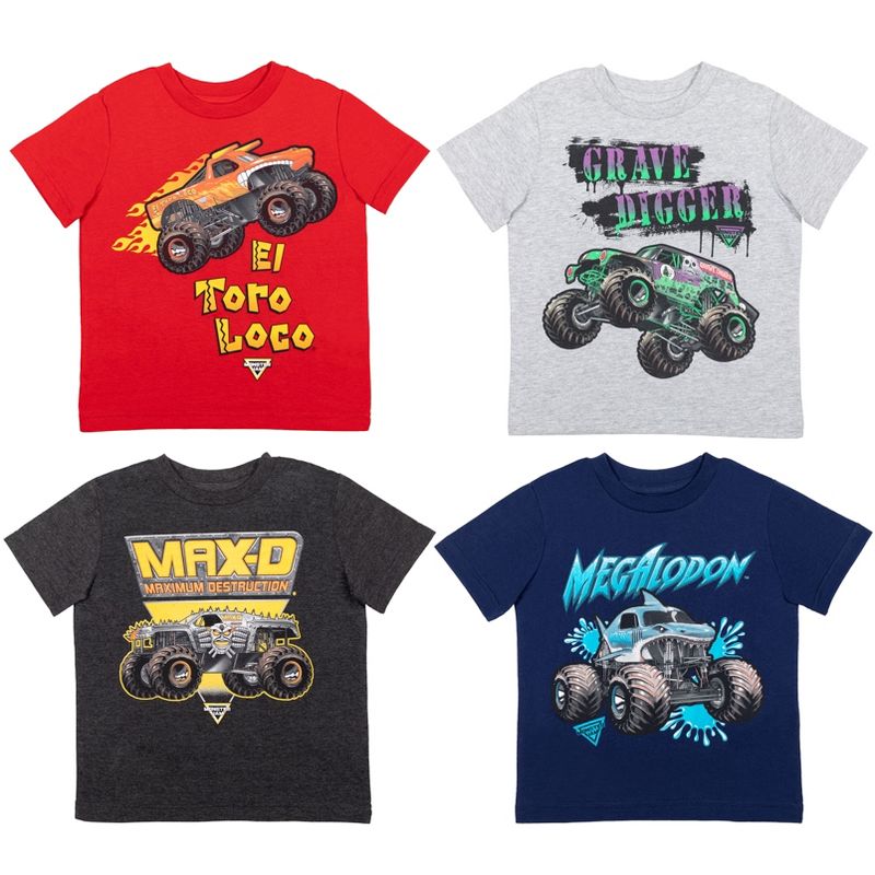 Monster Jam El Toro Loco Grave Digger Megalodon 4 Pack Graphic T-Shirts Navy/Gray/Charcoal/Red , 1 of 10