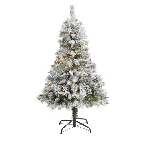 Nearly Natural 4-ft Flocked White River Mountain Pine Artificial Christmas Tree with Pinecones and 100 Clear LED Lights - 1 of 4