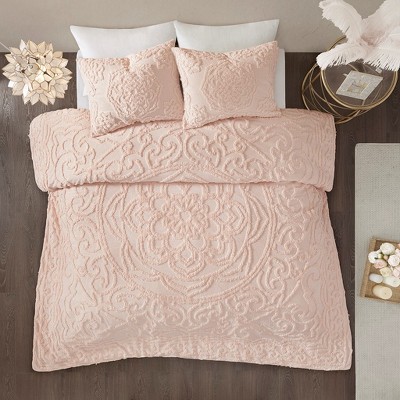 Vynxaria Tufted Cotton Chenille Medallion Comforter Set - Grey King/Cal King, Shabby Chic Style
