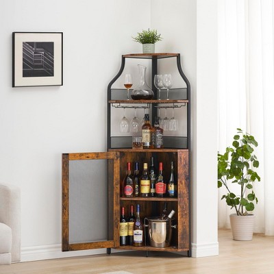 Corner Wine Cabinet with Detachable Wine Rack – 5-Tier Industrial Corner Bar Cabinet with Barn Door and Glass Holder, Farmhouse Buffet & Home Bar