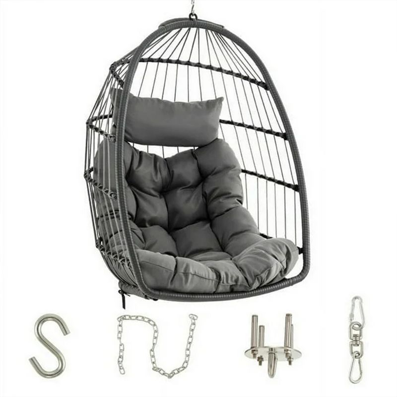 SKONYON Outdoor Foldable Wicker Swing Egg Chair with Cushion Dark Gray, Without Stand, 3 of 7