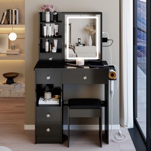 29.2" Makeup Vanity Desk with Mirror, Makeup Vanity Table with Stool, Dressing Table with Hair Dryer Bracket & Open Storage for Small Space Black - 1 of 4